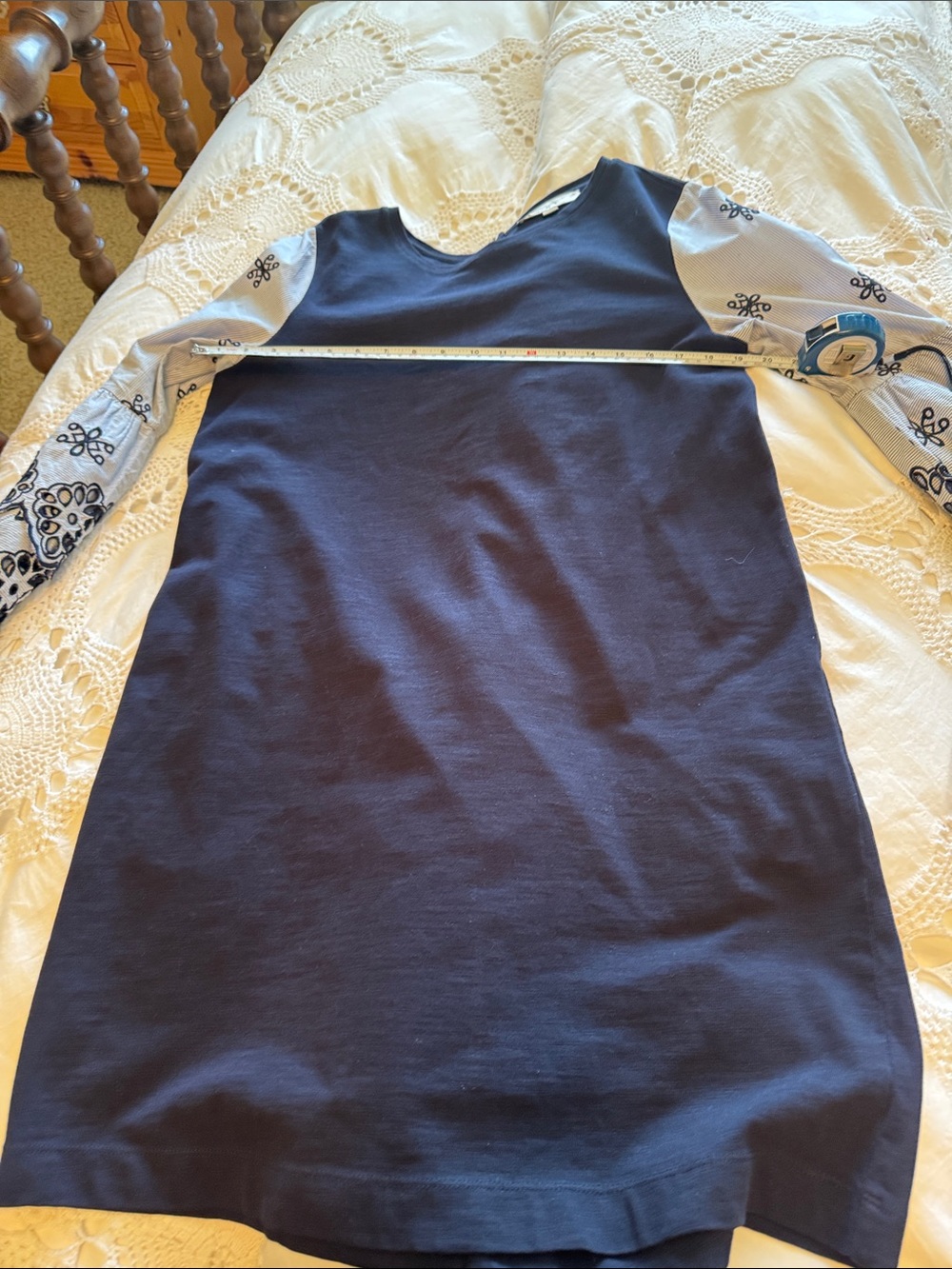 The Loft Navy Shift Dress with Patterned Long Sleeves